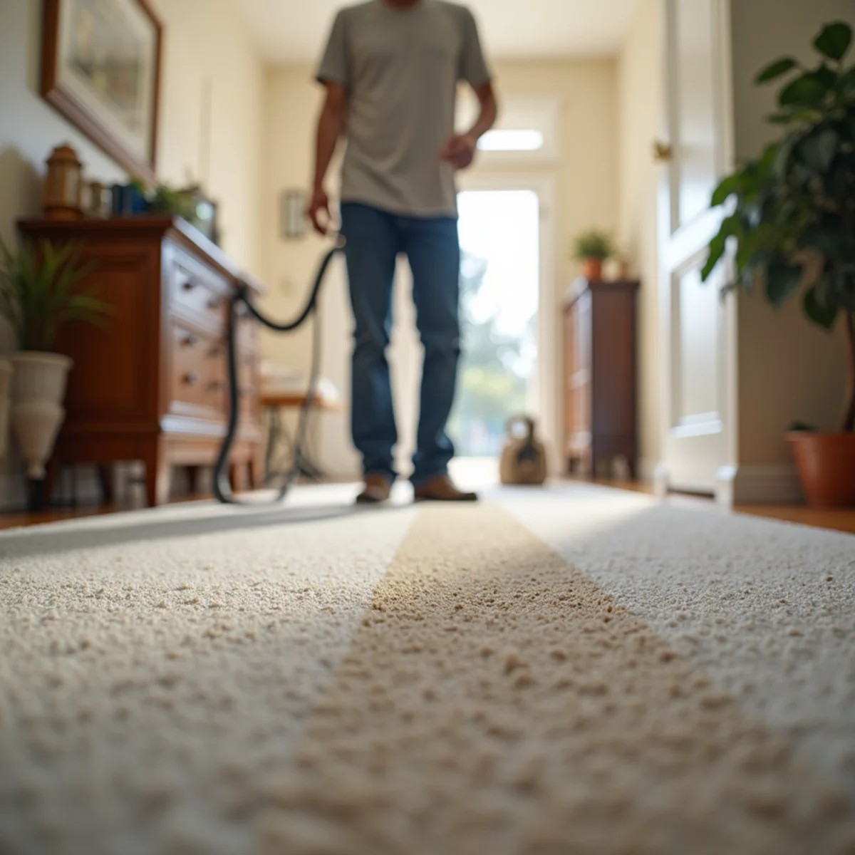 A hallway with a cleaned carpet traffic lane in a two-story Stockton, CA home