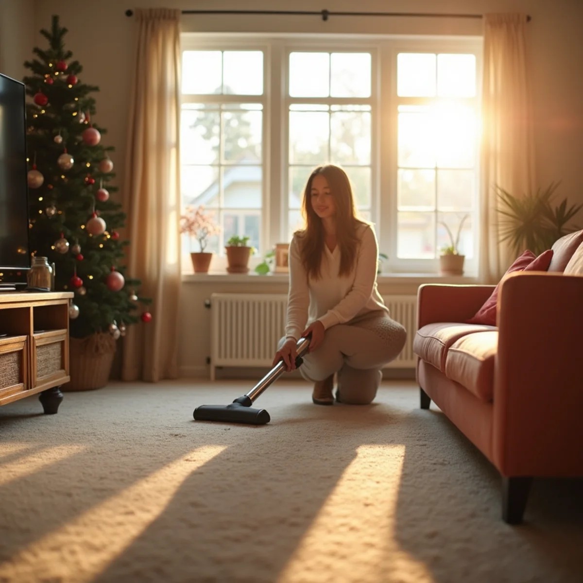 A warm, holiday-ready living room with freshly cleaned carpet in San Joaquin County