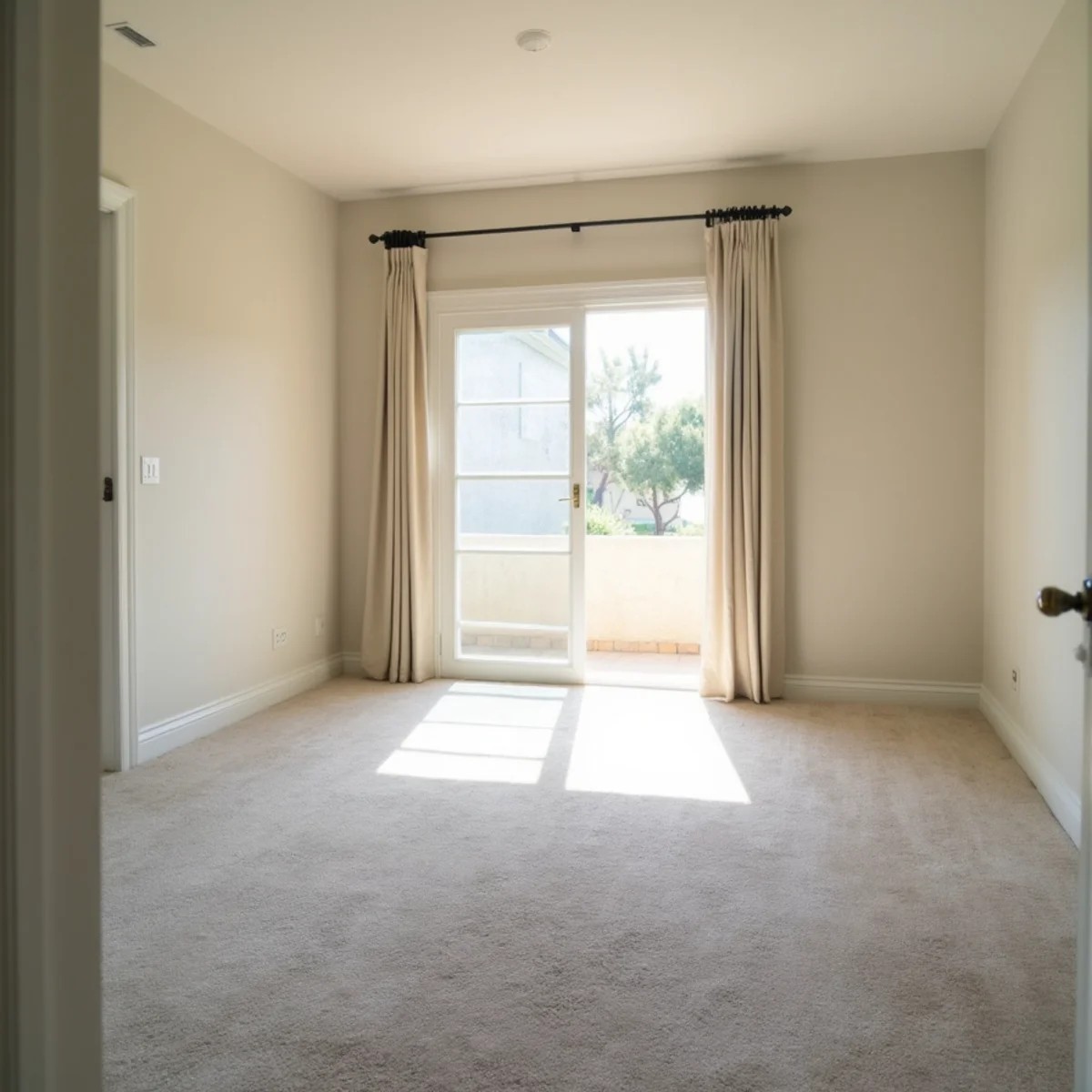 Moving boxes on freshly cleaned carpet in an empty Stockton, CA rental