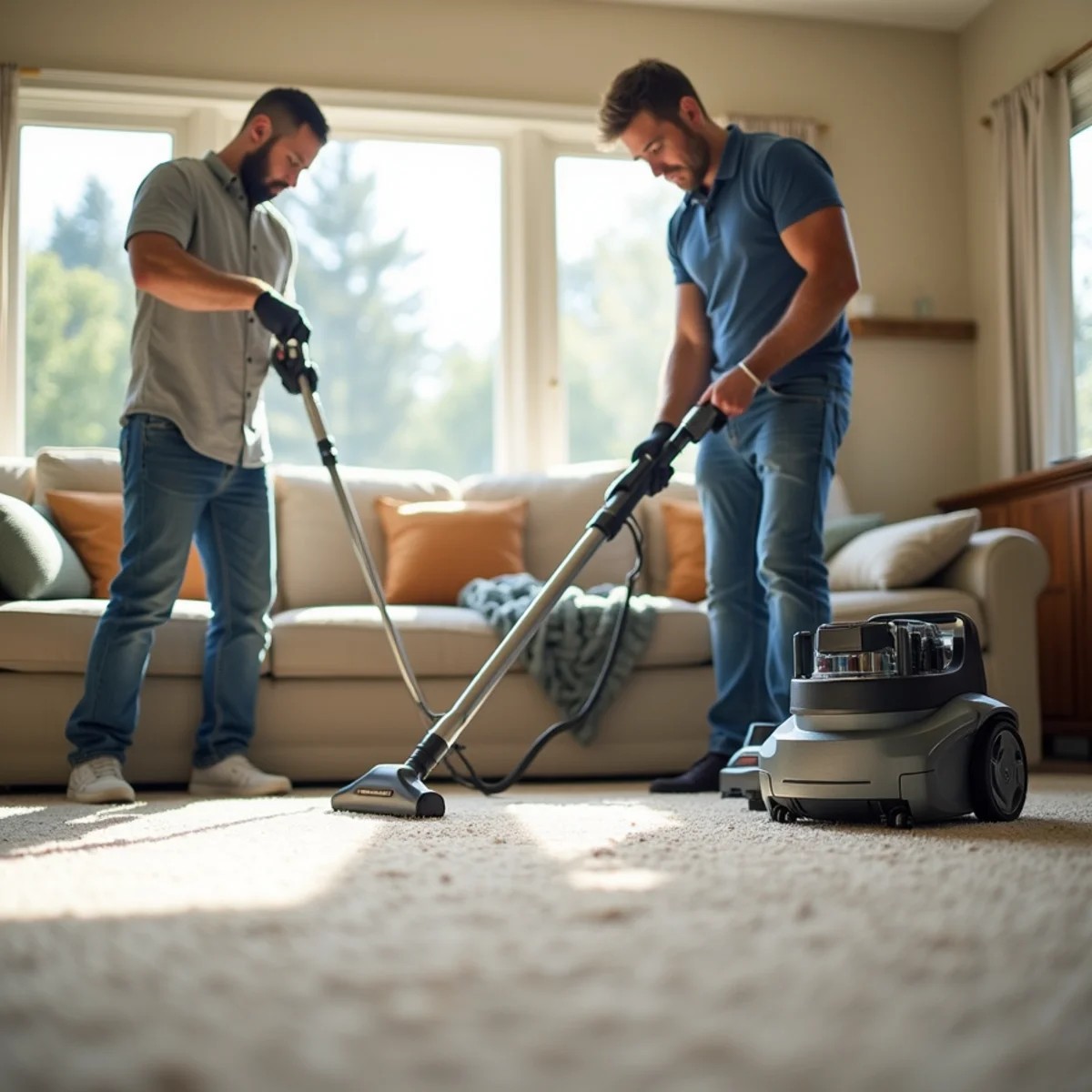 A rental carpet machine beside a professional truck-mounted cleaning setup in Stockton, CA