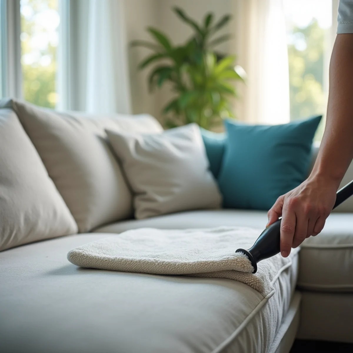 A freshly cleaned sofa in a bright Stockton, CA living room