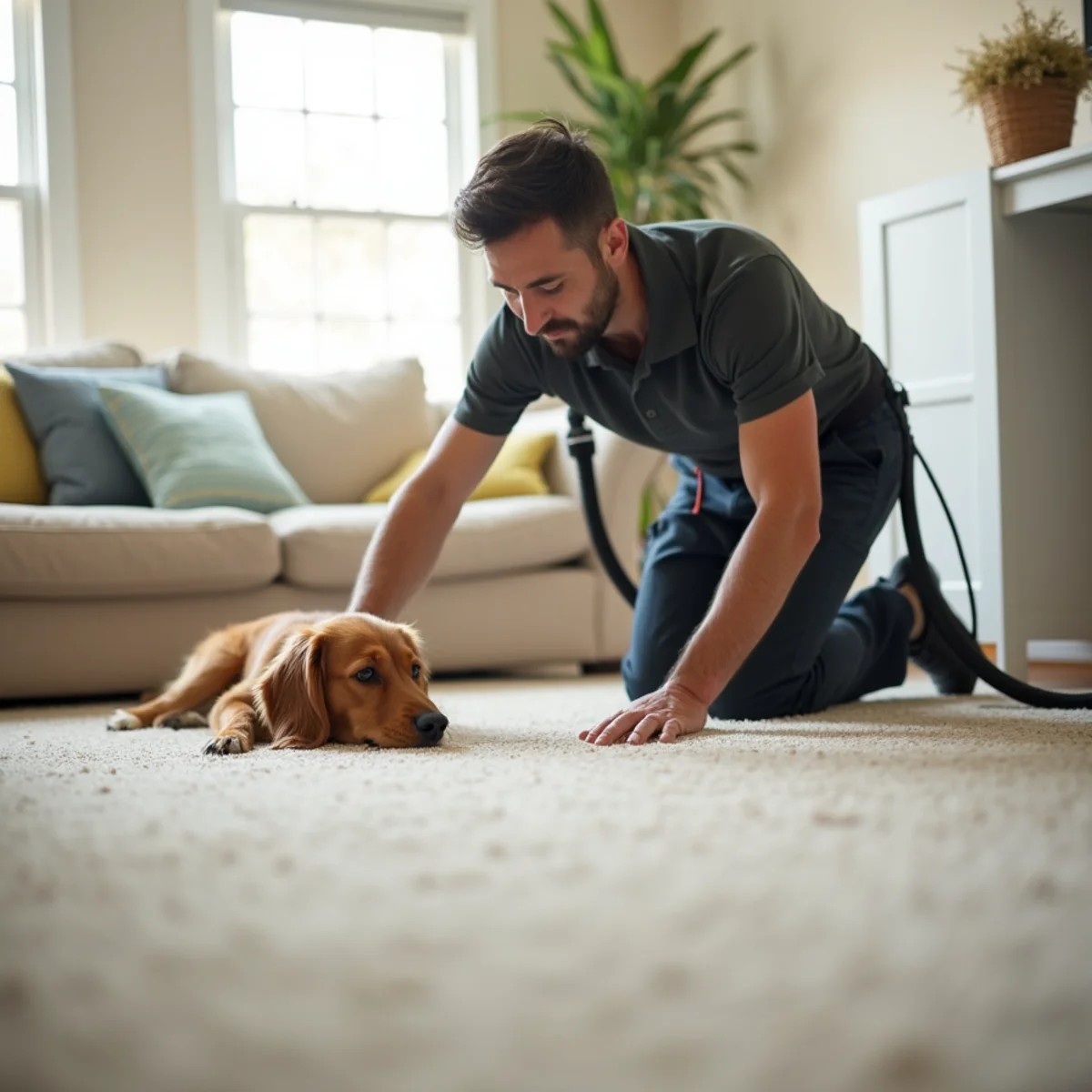 A dog resting on clean, fresh carpet in a Stockton, CA living room