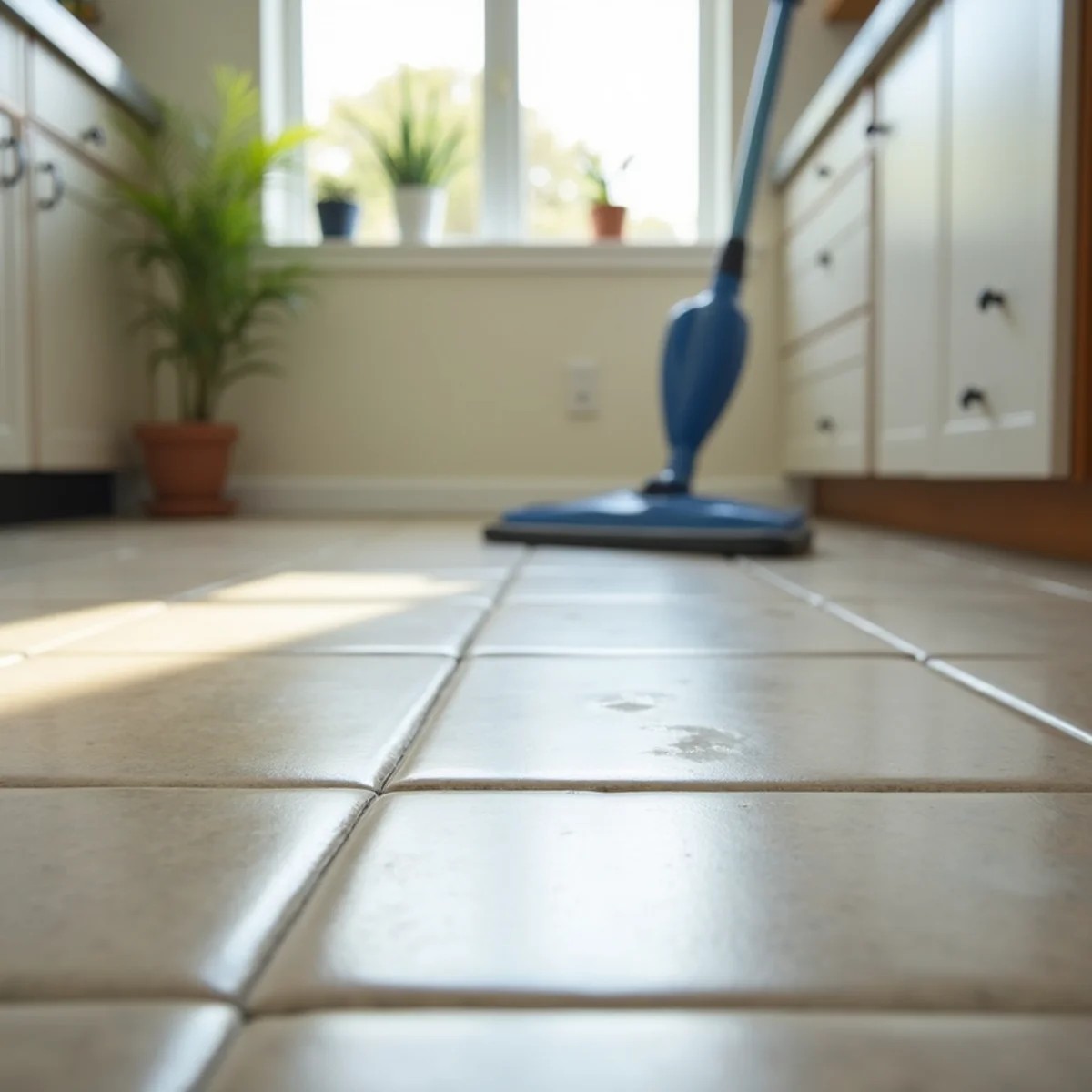 Freshly cleaned tile floor with bright, restored grout lines in a Stockton kitchen