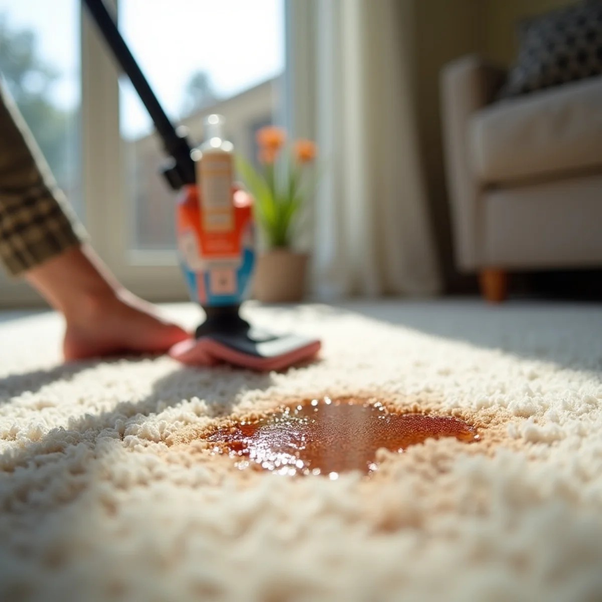 A technician spot-treating a returning carpet stain in a Stockton, CA home