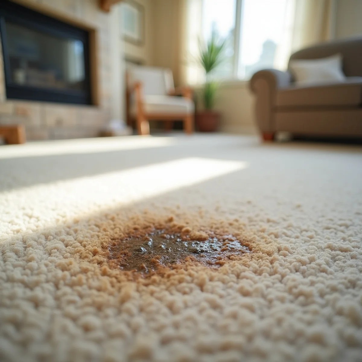 Carpet before cleaning — set-in stain and traffic-lane soiling in a Stockton home