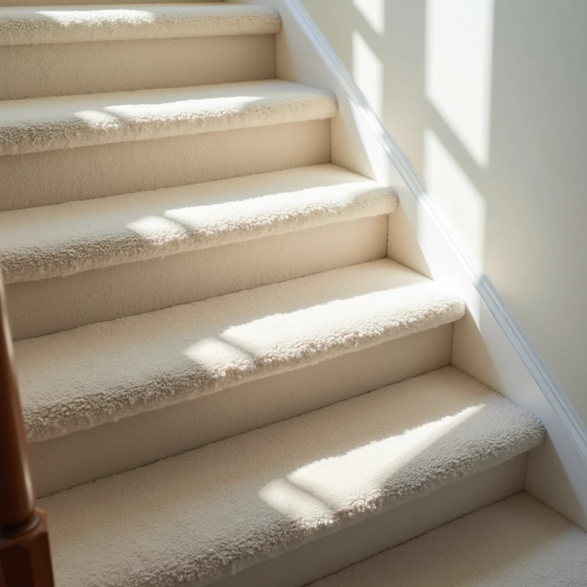 Same carpeted stairs after cleaning — bright, fresh treads