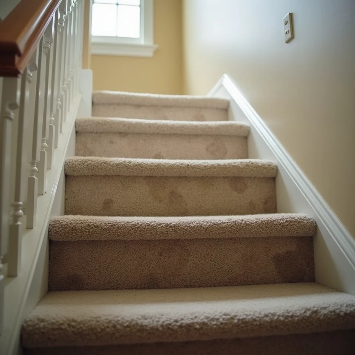 Worn, soiled carpeted stair treads before cleaning in a Stockton home