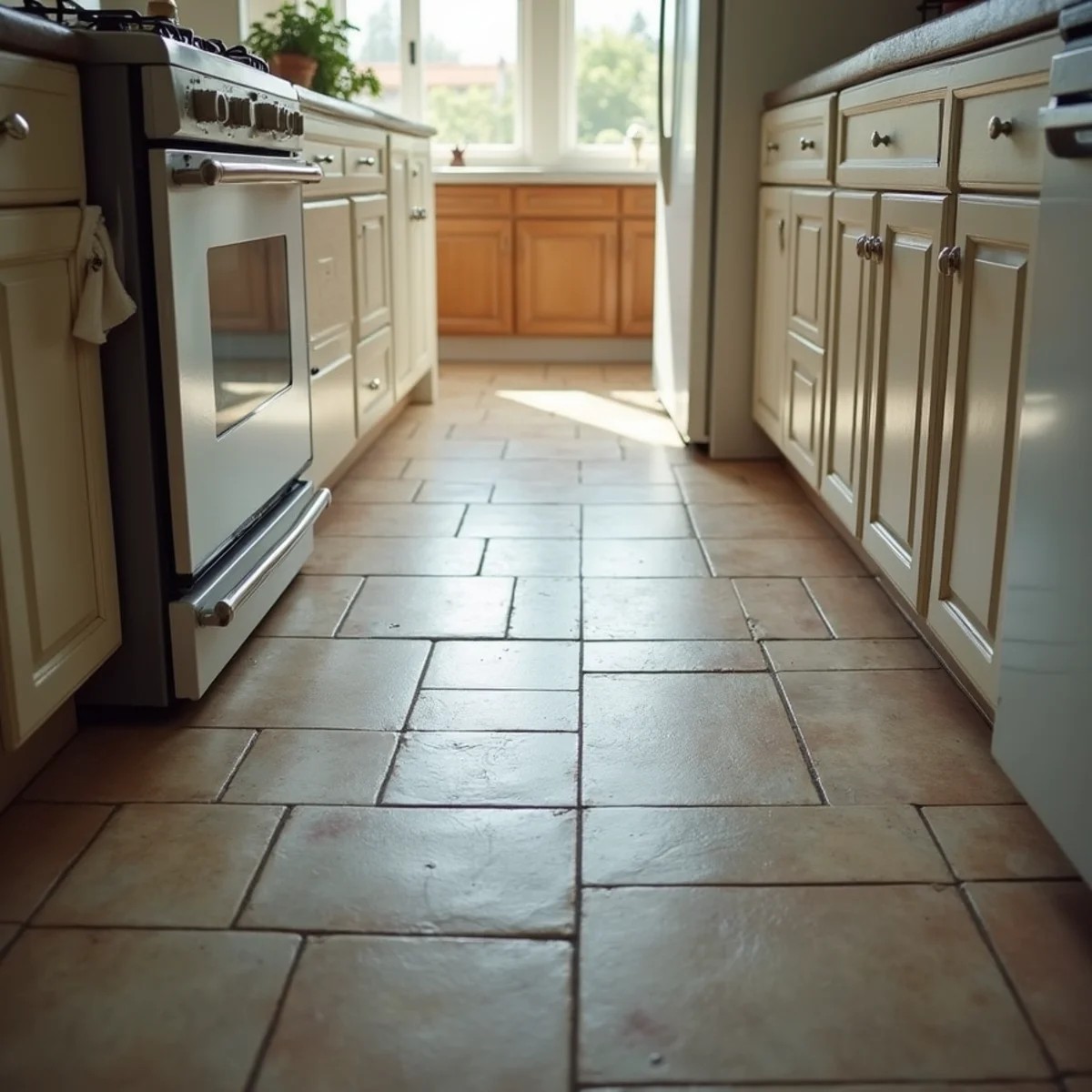 Tile and grout before cleaning — dark discolored grout lines