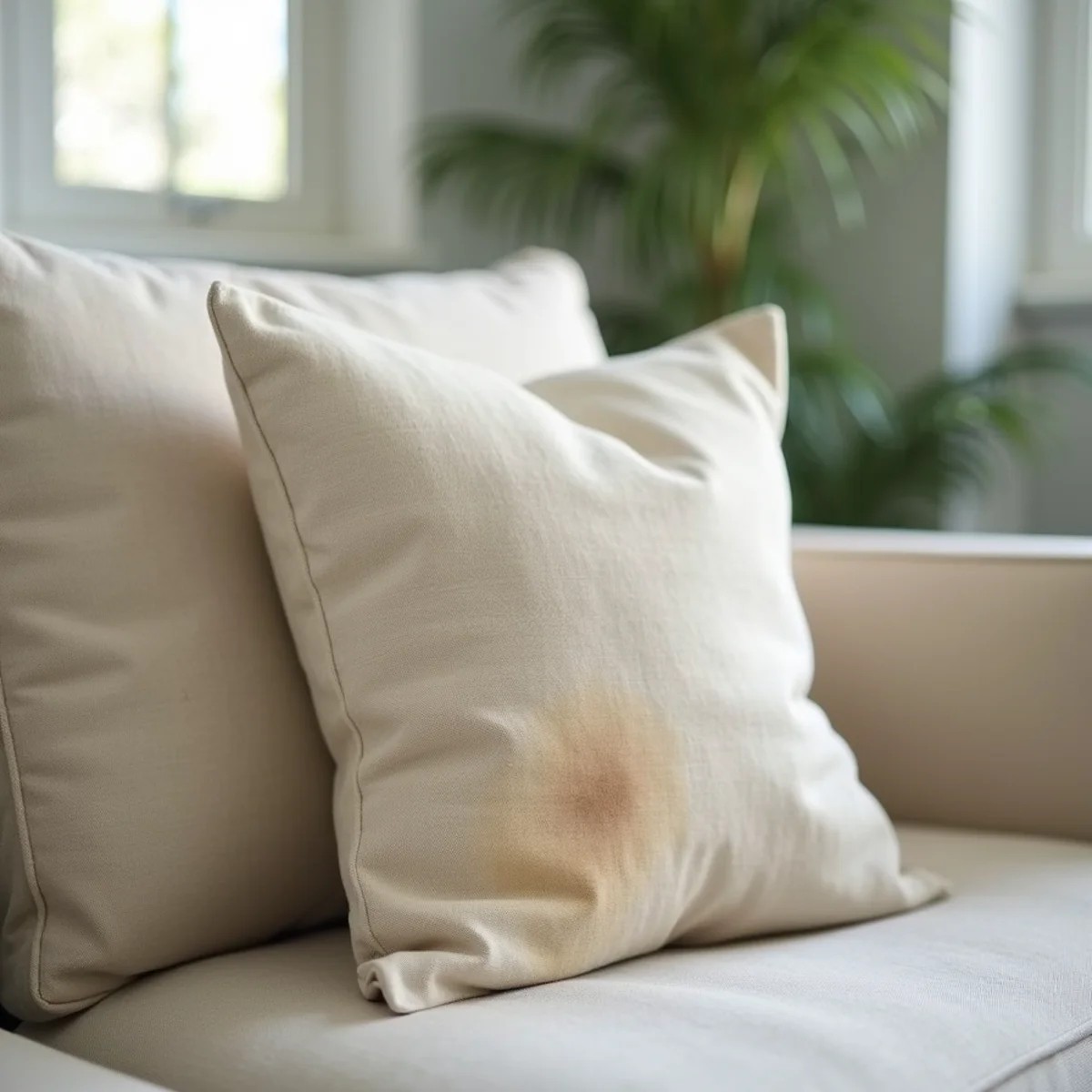 Sofa upholstery before cleaning — soiled, dulled fabric