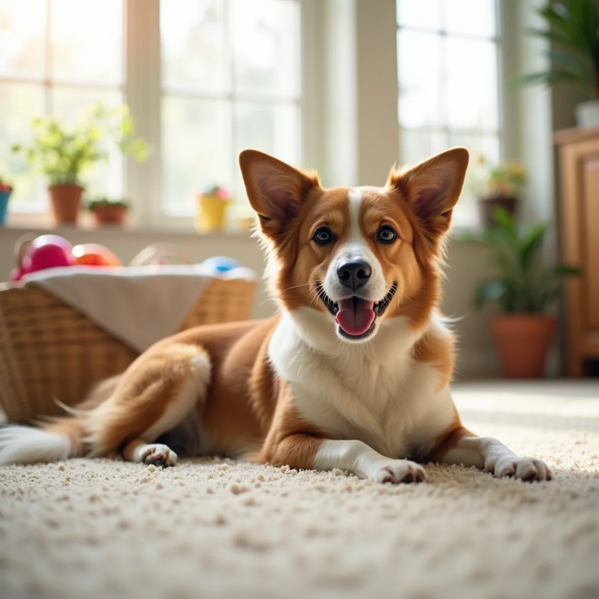 Dog resting on clean carpet in a bright Stockton family room with tidy toys