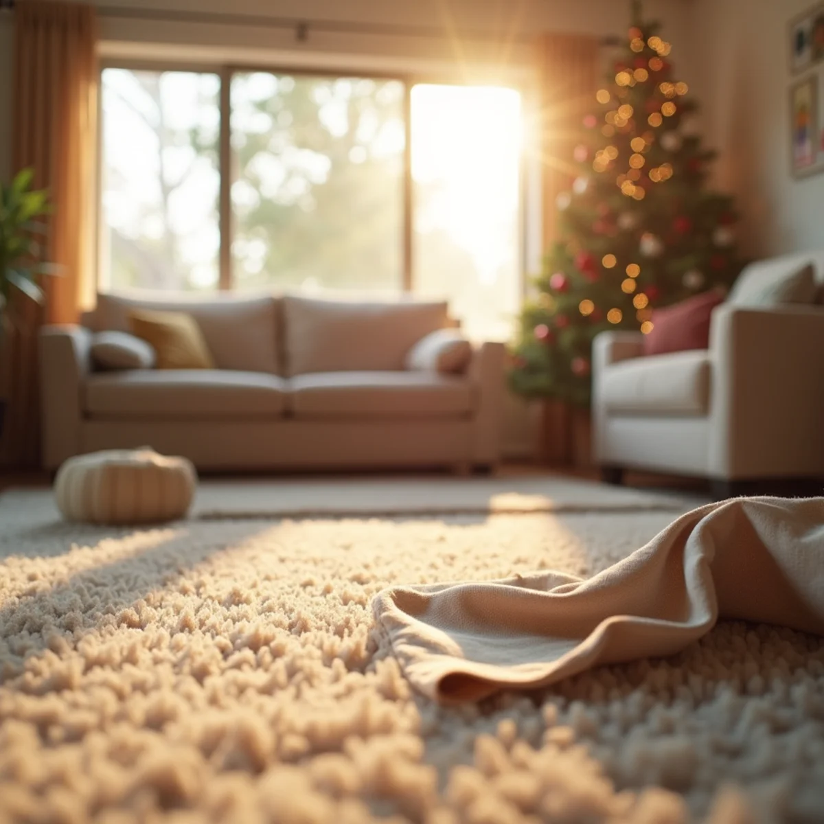 Freshly cleaned living room with subtle holiday decor in San Joaquin County