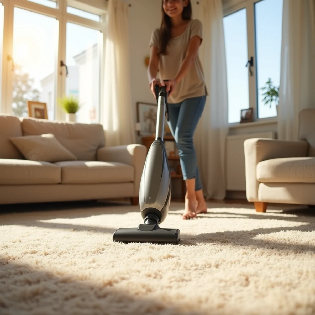 Clean beige family living room with vacuum and sunlight in a Stockton home
