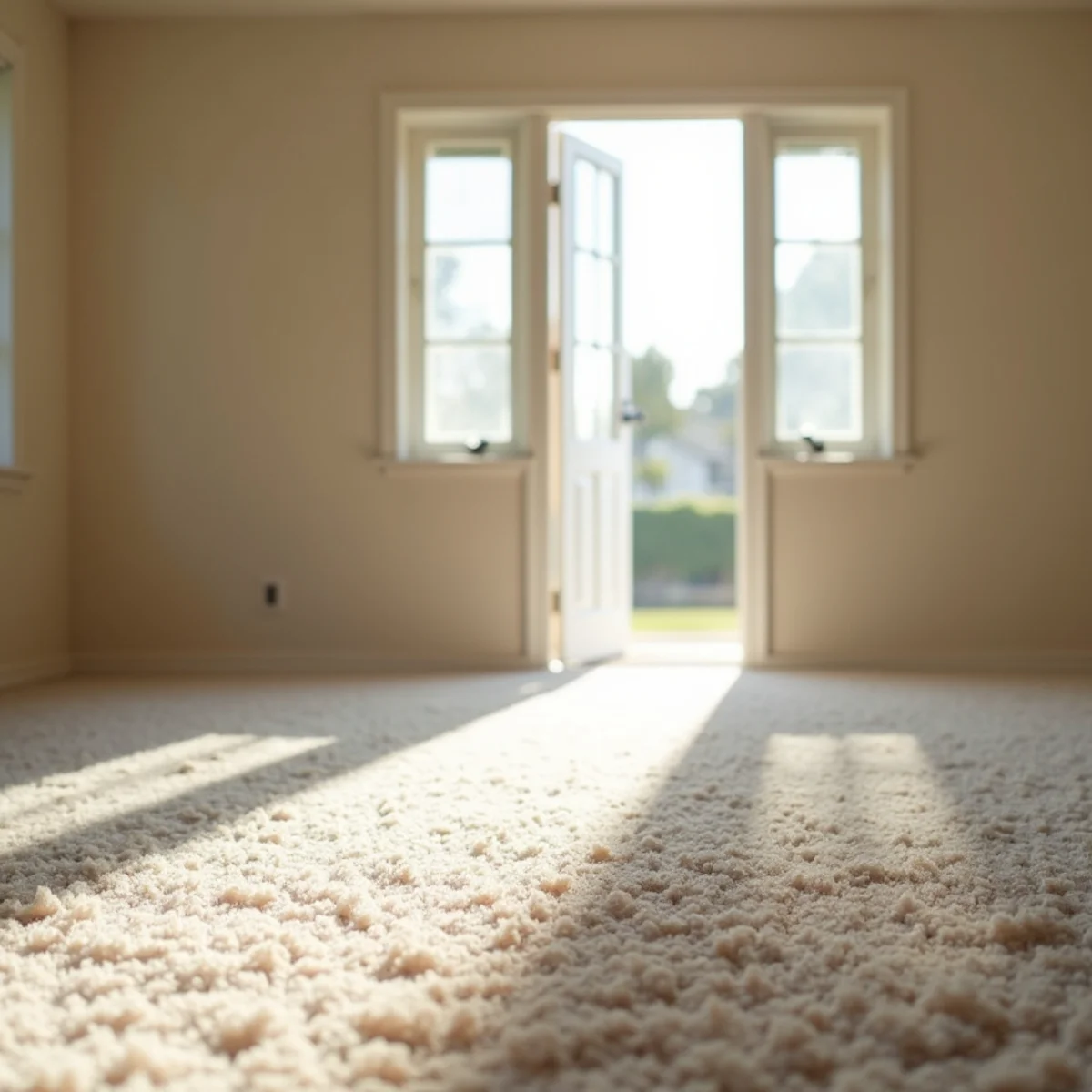 Empty apartment living room with freshly cleaned carpet and open door in Stockton
