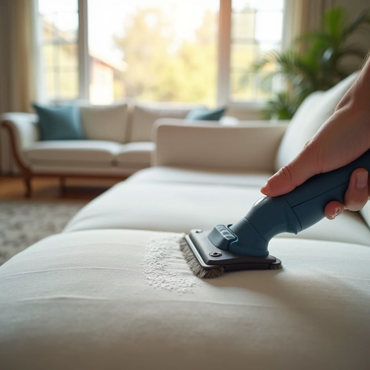 Sofa cushion being cleaned with upholstery tool in a bright Stockton living room