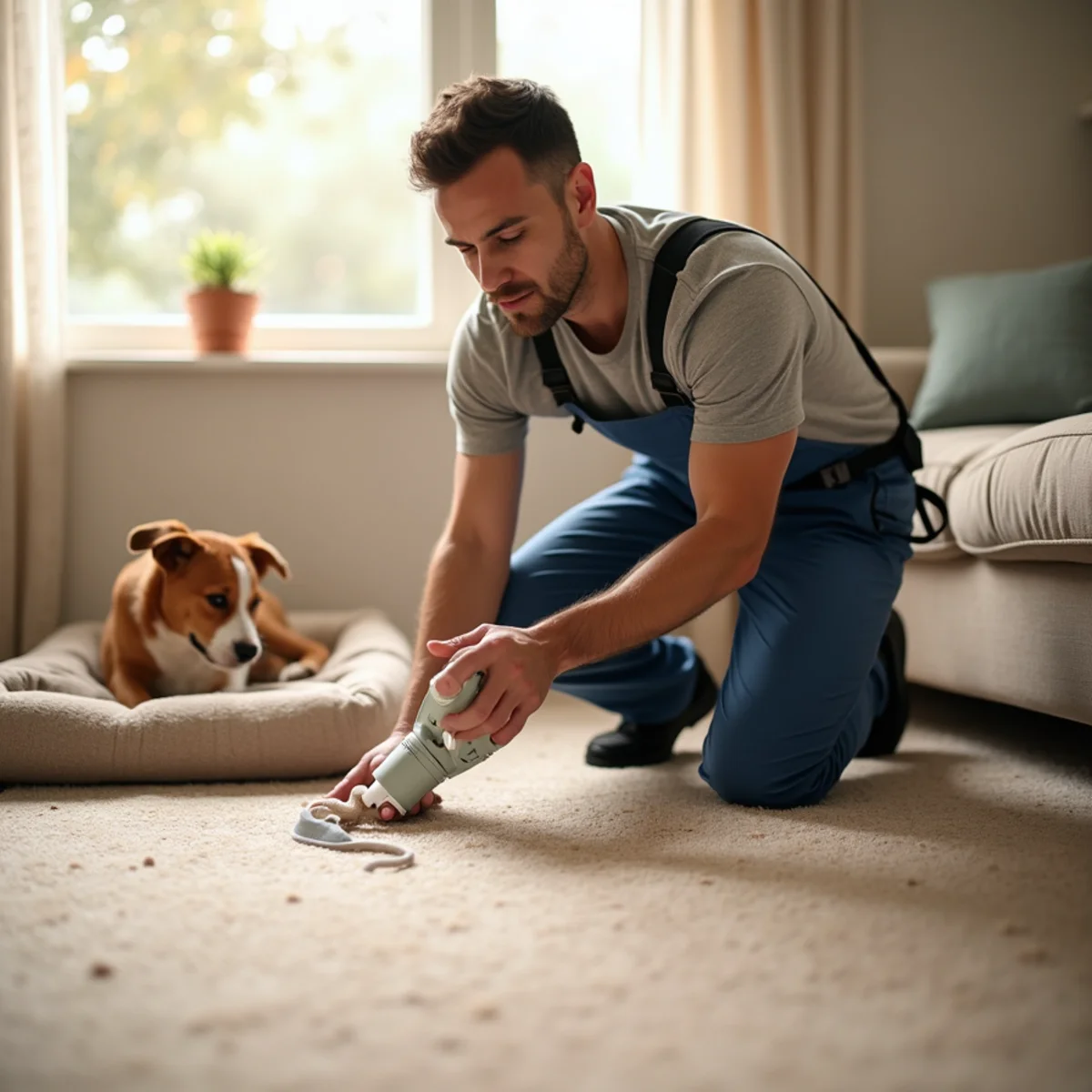 Technician treating carpet for pet odors near a dog bed in a Stockton home