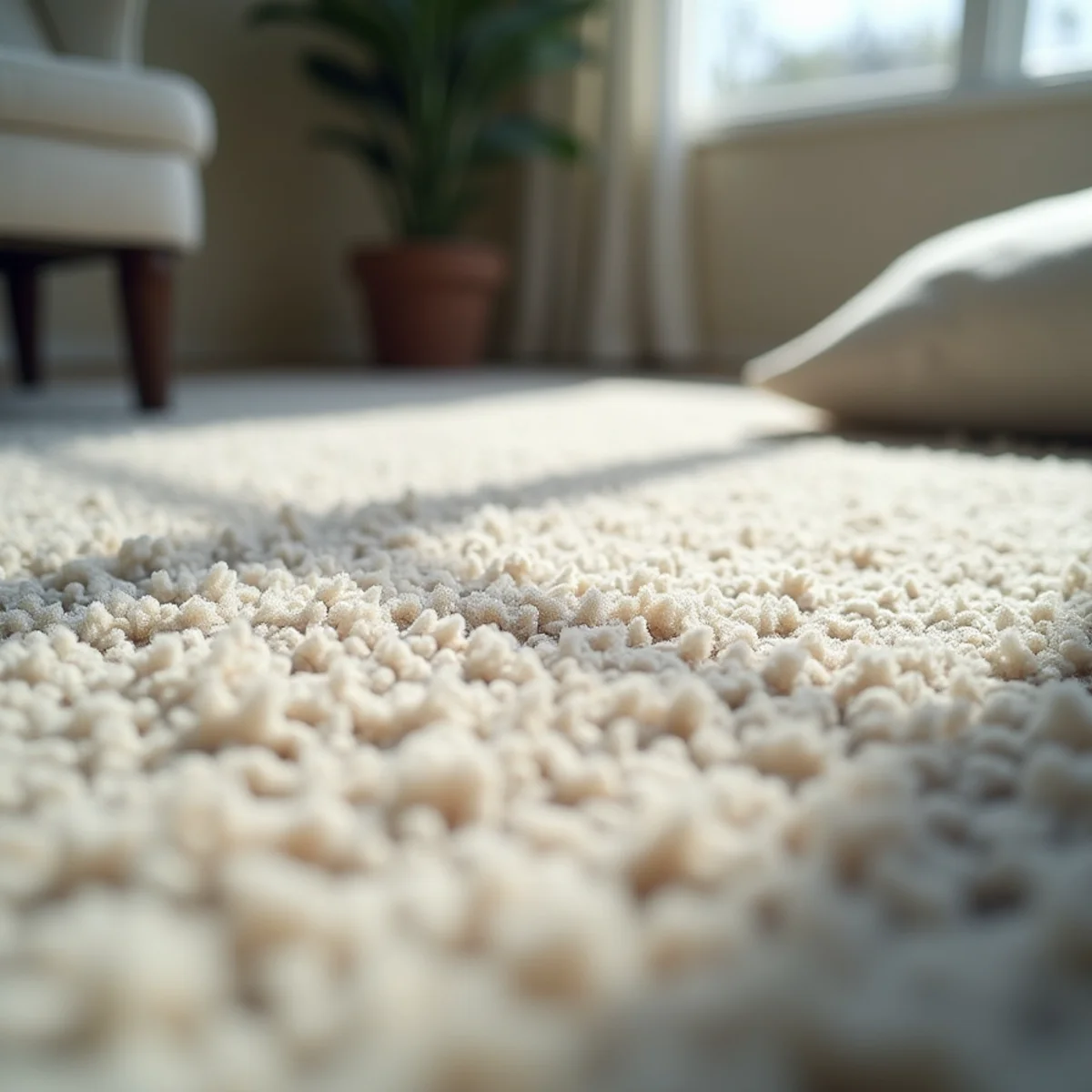 Dull worn high-traffic carpet lane beside fresher carpet in a Stockton home