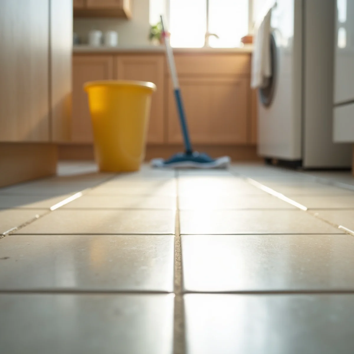 Kitchen tile floor with freshly cleaned grout lines and mop in a Stockton home