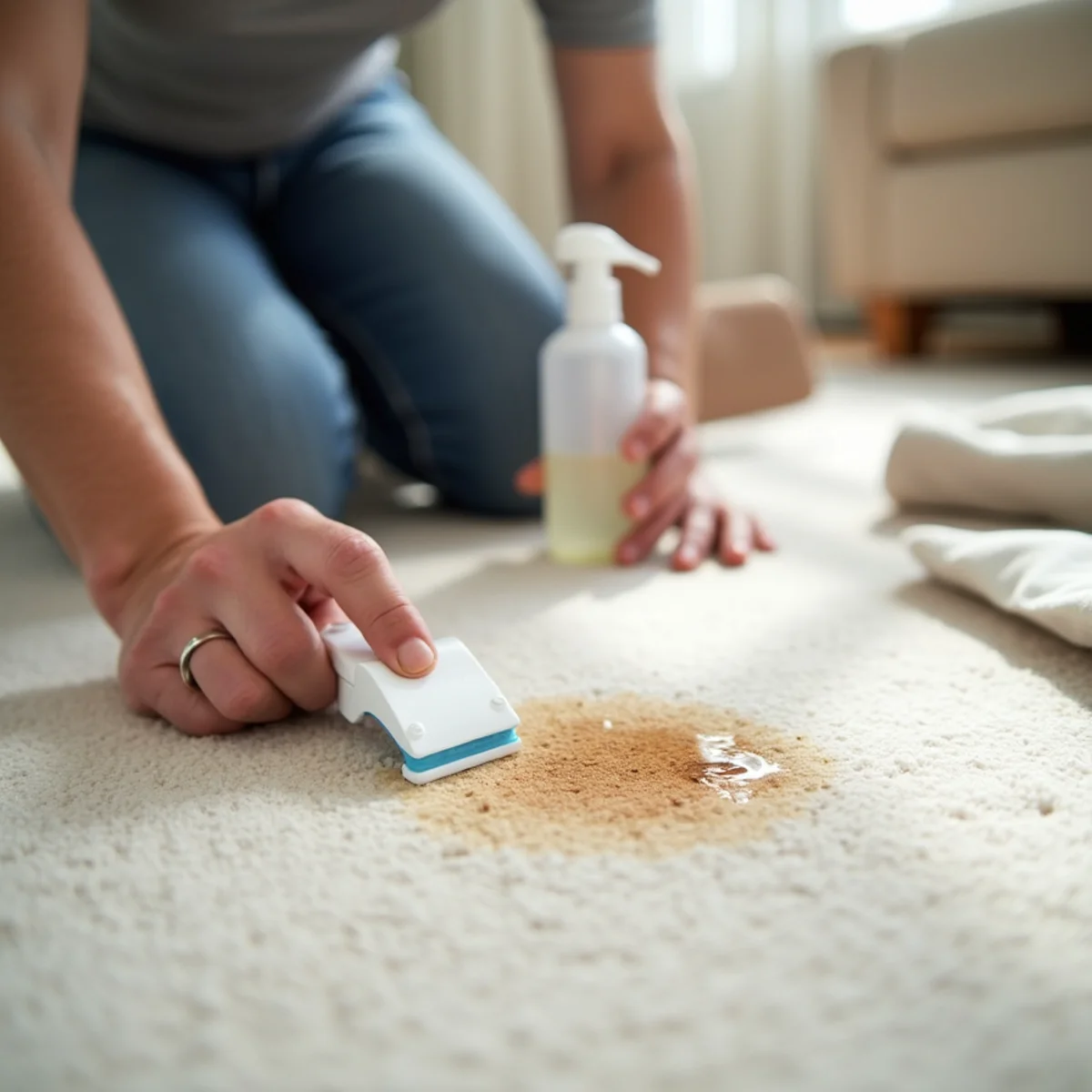 Spot-treating a returning carpet stain with tool and spray bottle in a Stockton home