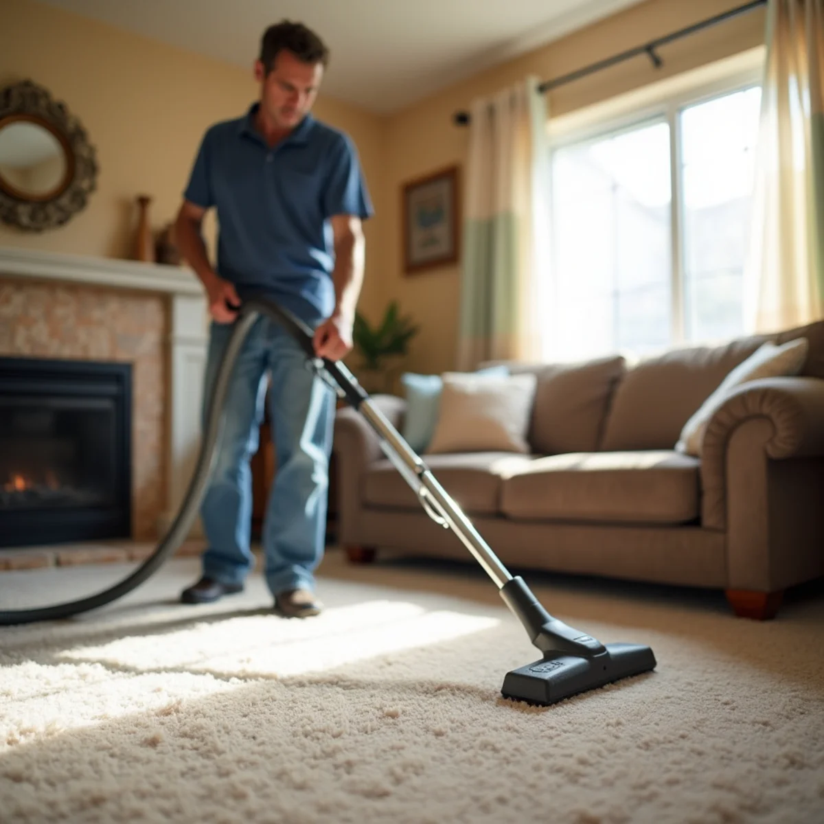 Technician cleaning carpet in a rural Escalon farm-town home