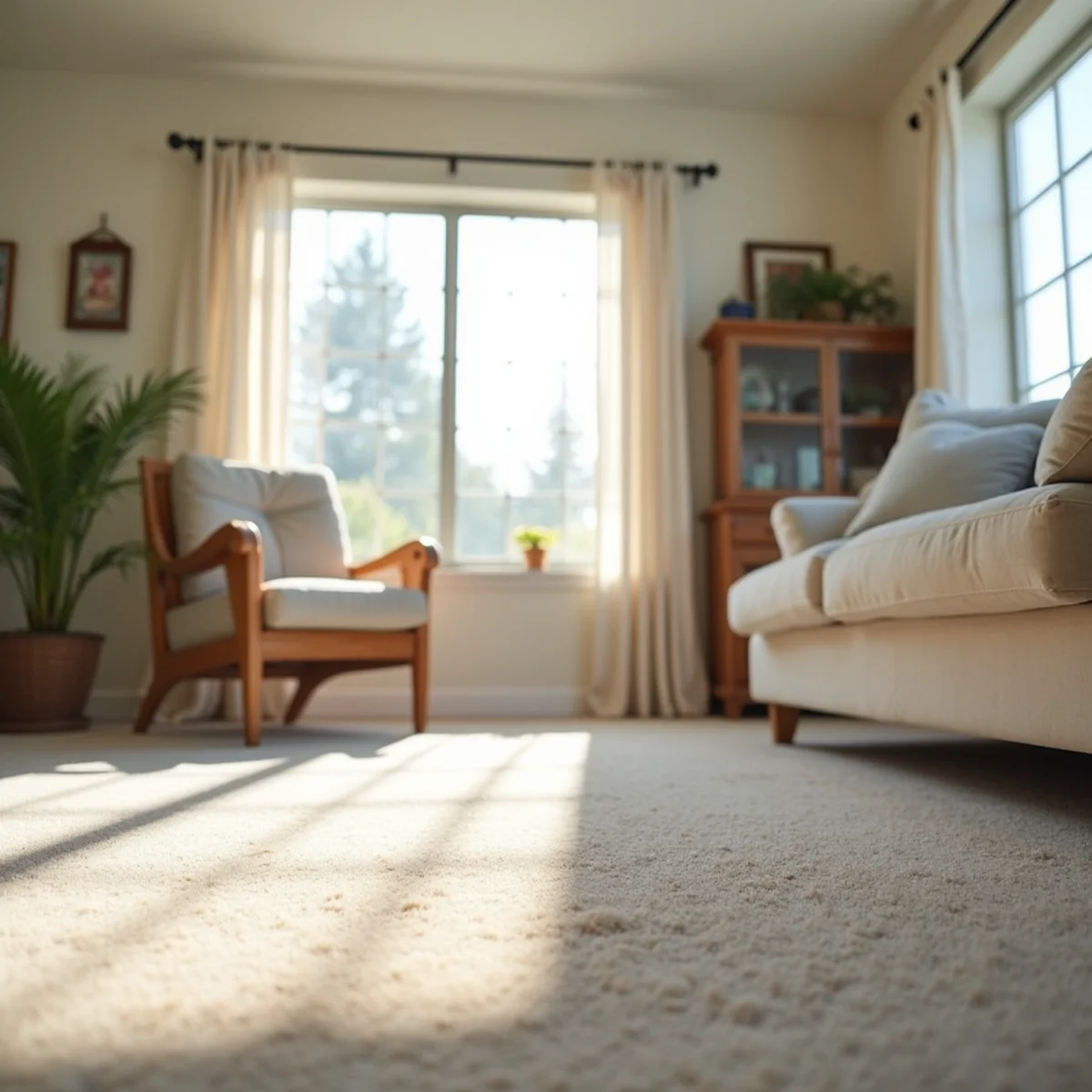 Freshly cleaned carpeted living room in a rural Escalon farm-town home