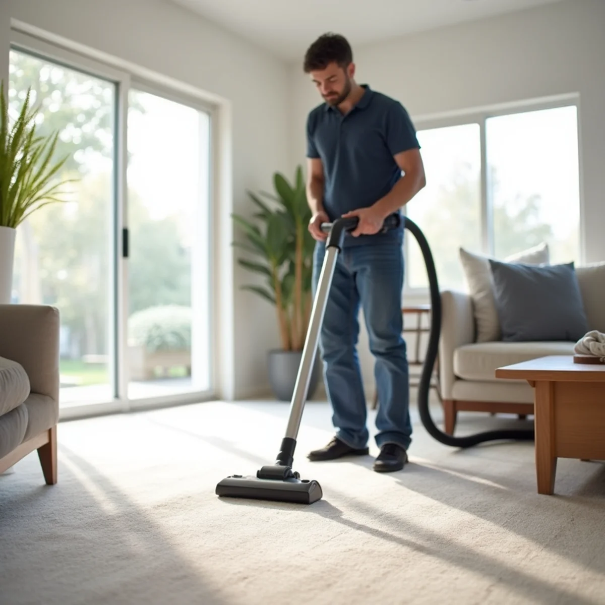 Technician steam cleaning light modern carpet in a newer Lathrop riverside home