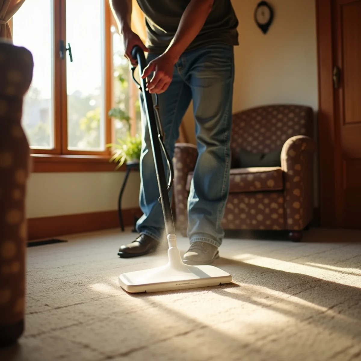 Technician steam cleaning carpet in a charming older Lodi wine-country character home