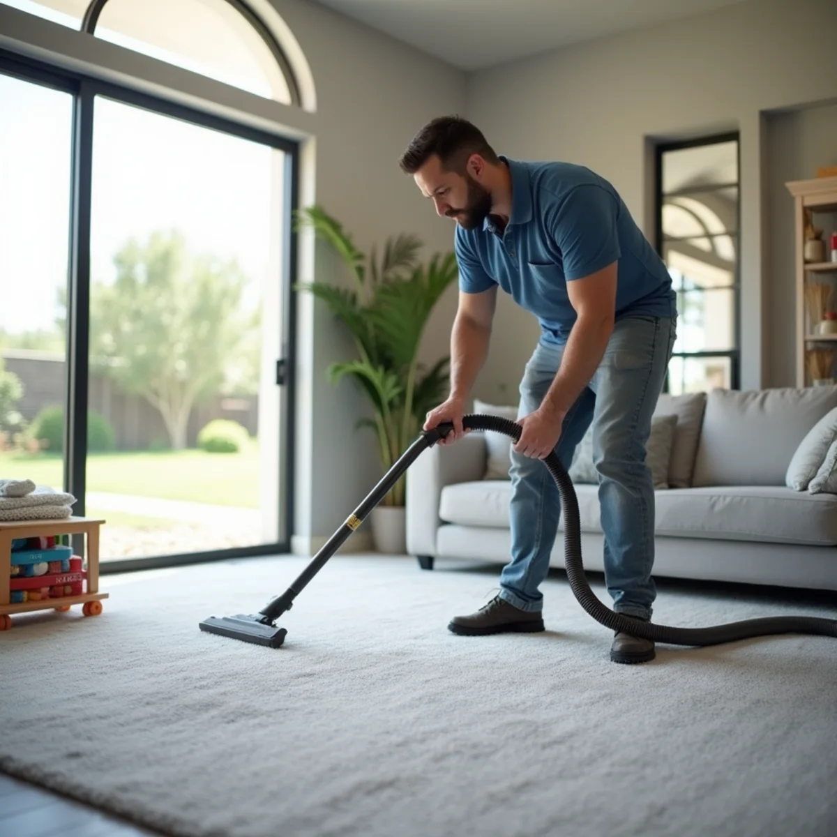 Technician cleaning carpet in a newer Manteca family subdivision home
