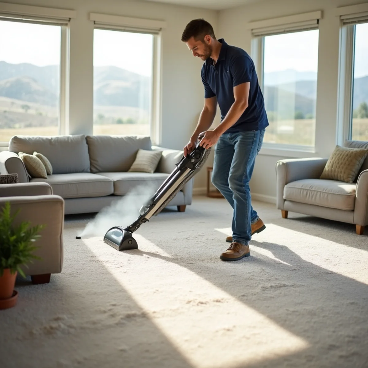 Technician steam cleaning carpet in a newer master-planned Mountain House home
