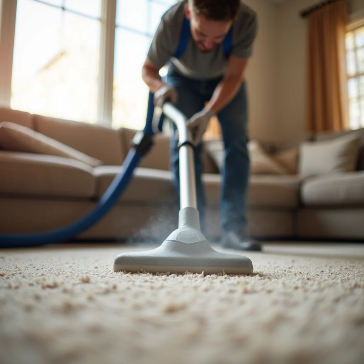 Technician cleaning carpet in a small-town Ripon home near almond orchards