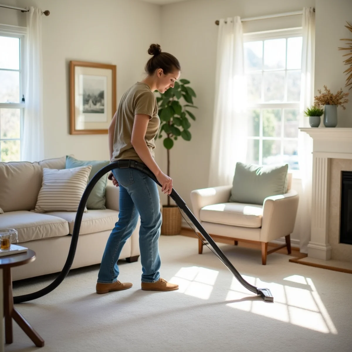Freshly cleaned carpeted living room in a small-town Ripon home near almond orchards