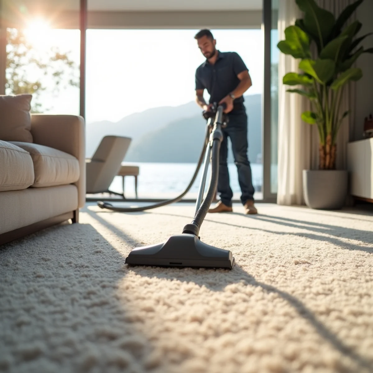 Technician cleaning premium carpet in an upscale River Islands lakeside home