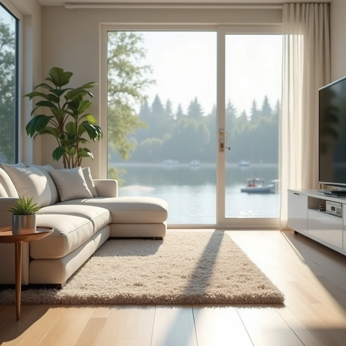 Freshly cleaned luxurious carpeted living room in a waterfront River Islands home