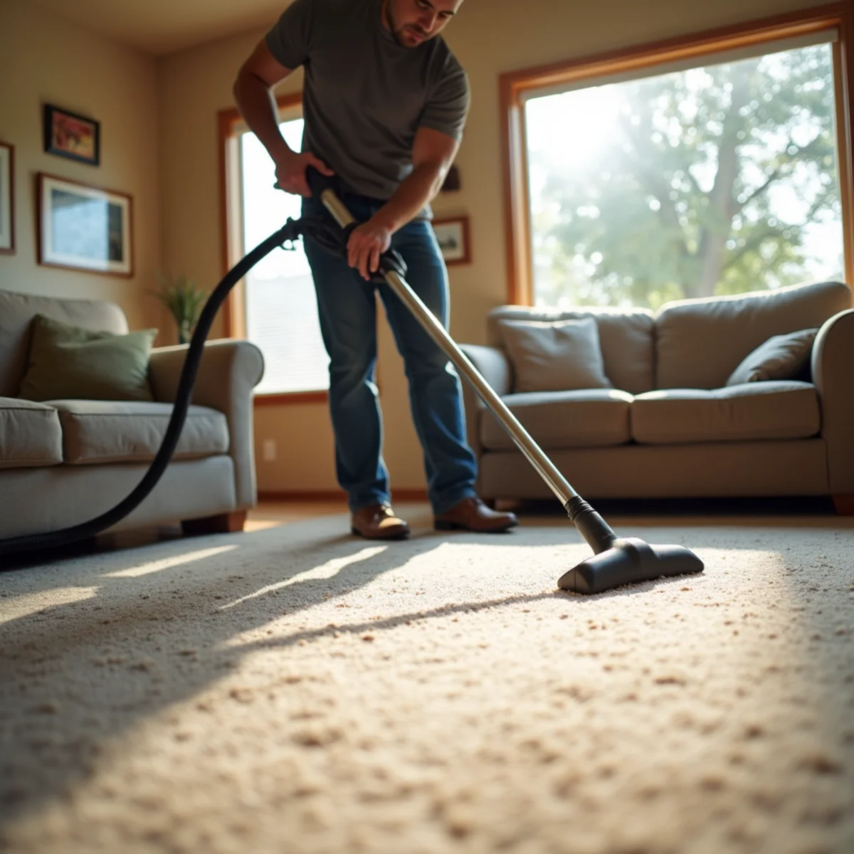 Technician steam cleaning living room carpet in an established Stockton neighborhood home