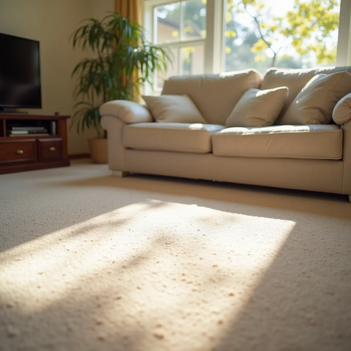 Bright freshly cleaned carpeted living room in an established Stockton neighborhood