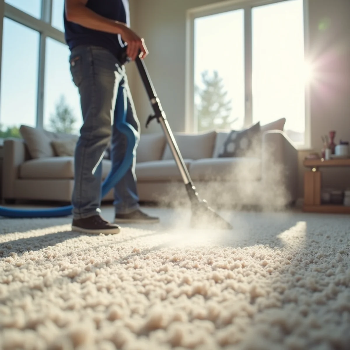 Technician steam cleaning carpet in a modern Tracy commuter-town subdivision home