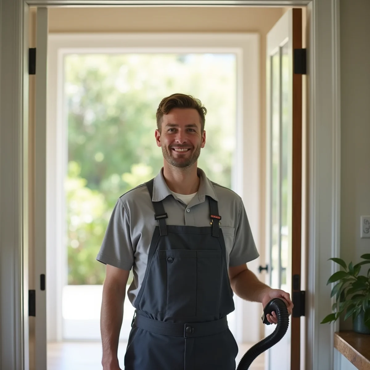 Friendly carpet cleaning technician with equipment in a clean Stockton home entryway