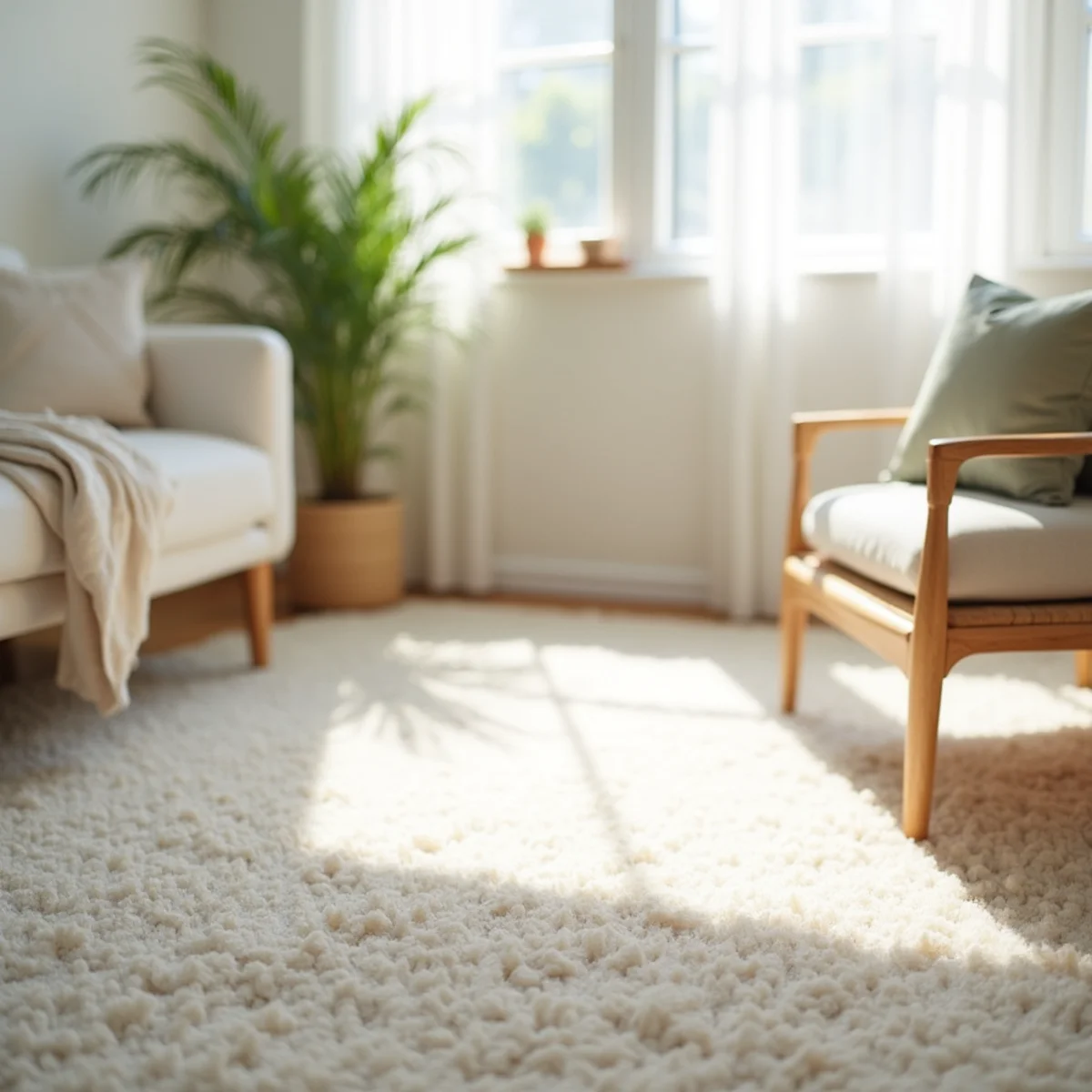 Bright tidy living room with clean carpet evoking carpet-care tips in a Stockton home