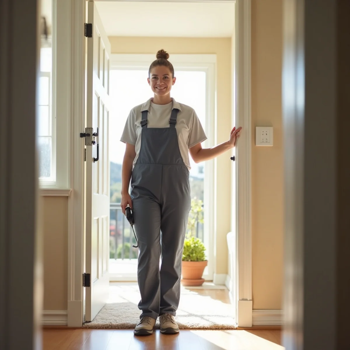 Welcoming carpet cleaning technician ready to help in a bright Stockton home entryway