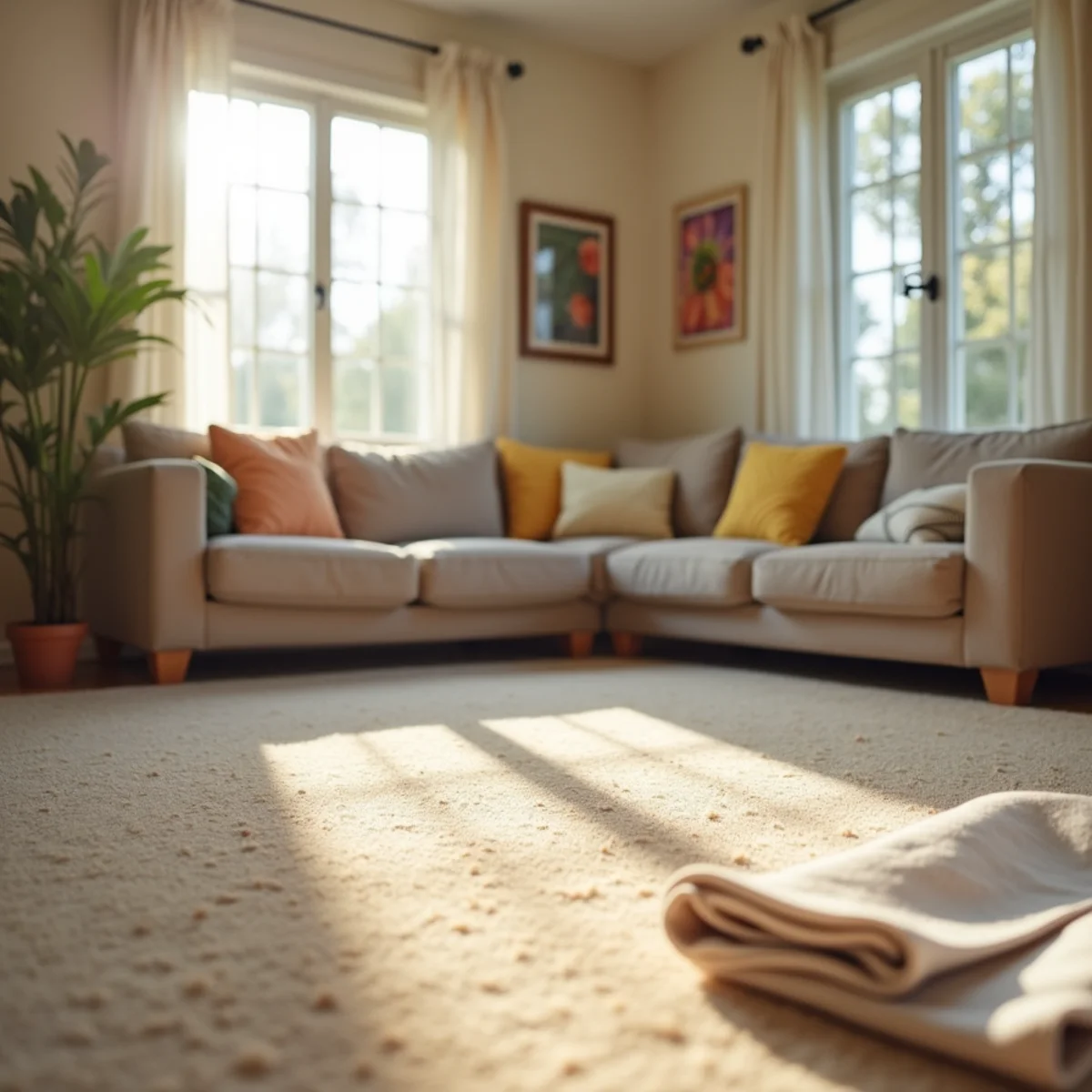 Warm lived-in family room with fresh clean carpet in a Stockton home