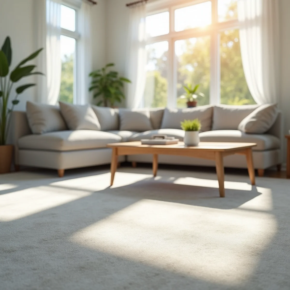 Freshly cleaned living room carpet with vacuum lines in a California home