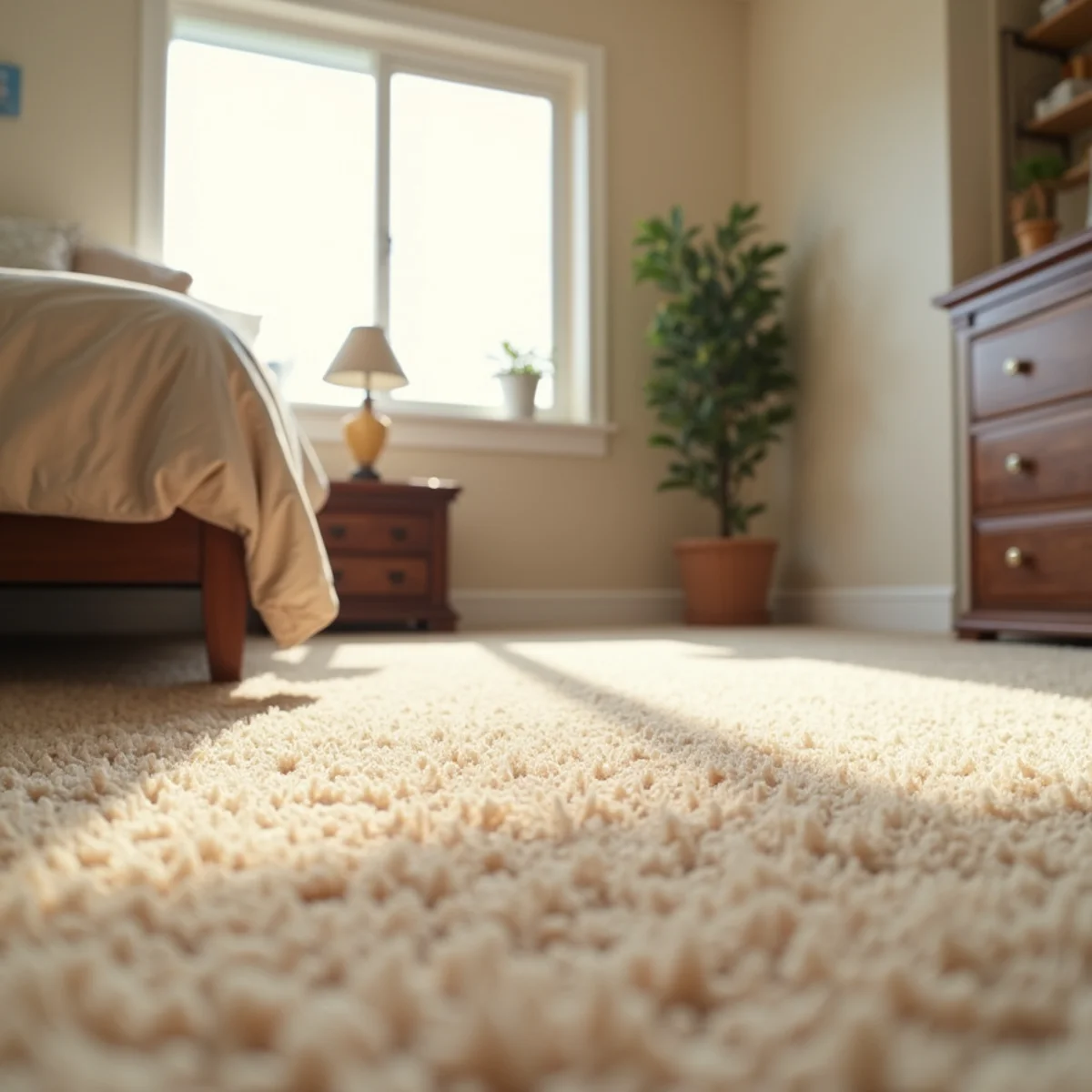 Cozy bedroom with freshly cleaned plush carpet in a California home