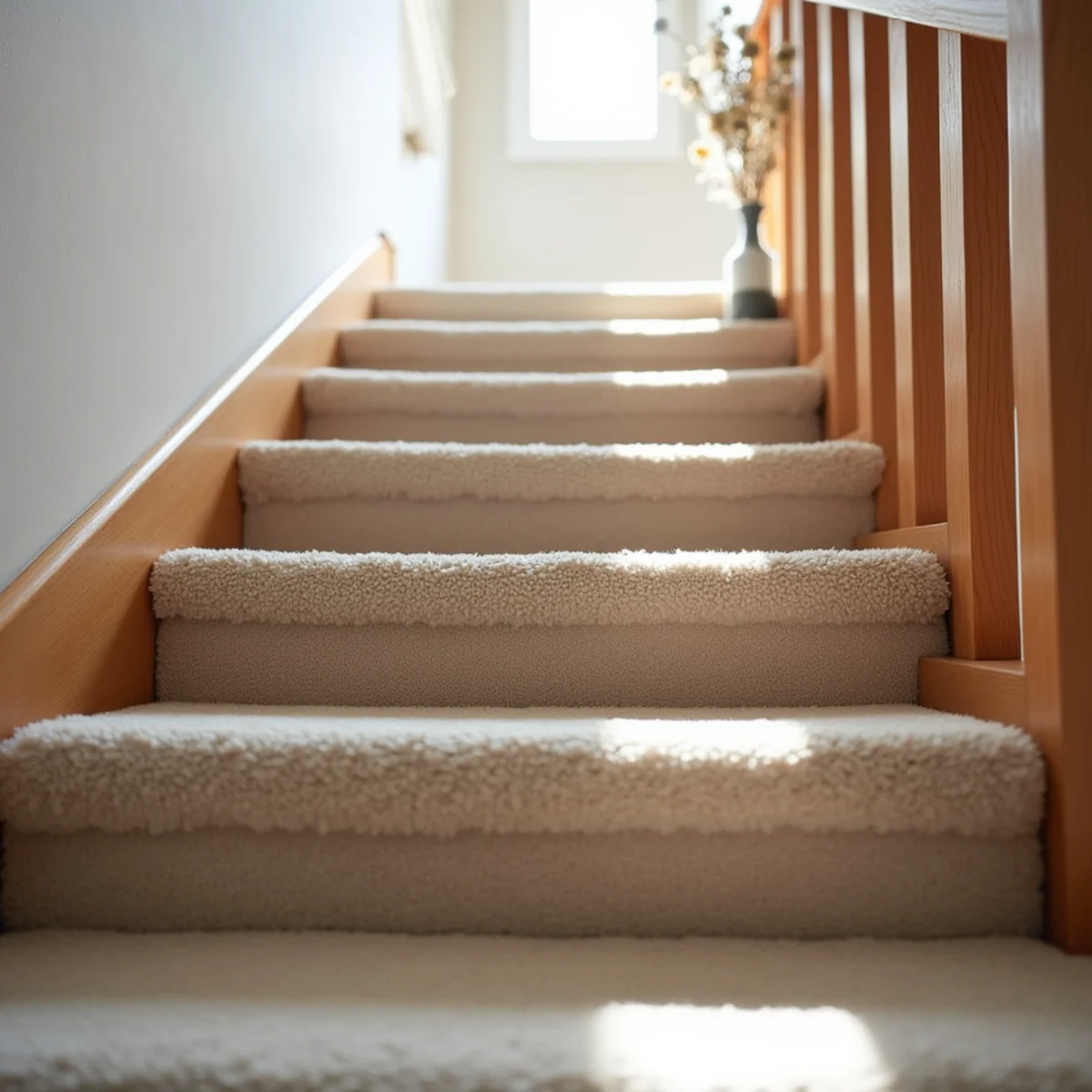 Freshly cleaned carpeted staircase in a California suburban home