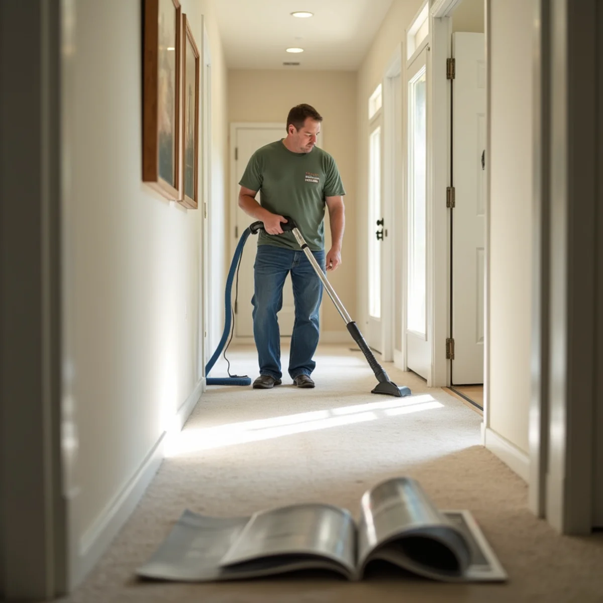 Technician steam-cleaning hallway carpet in a California suburban home