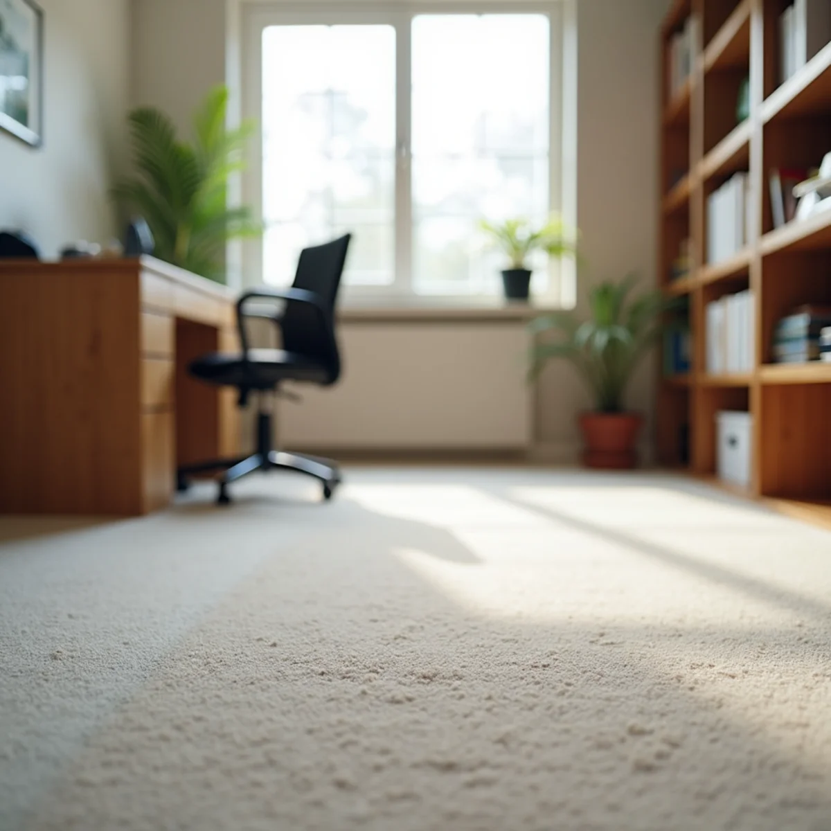 Small home office with freshly cleaned low-pile carpet in a California home