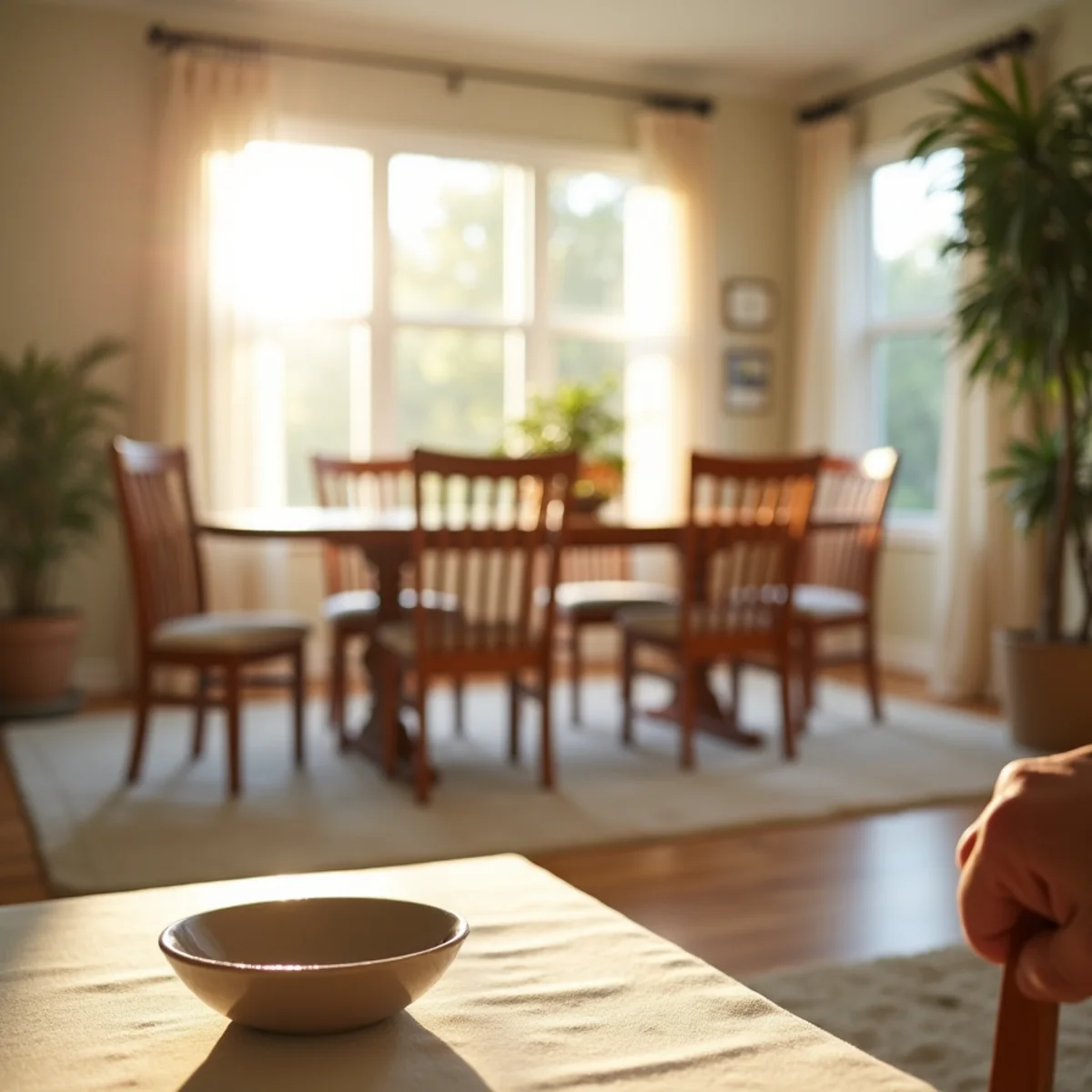 Bright dining room with freshly cleaned carpet in a California suburban home