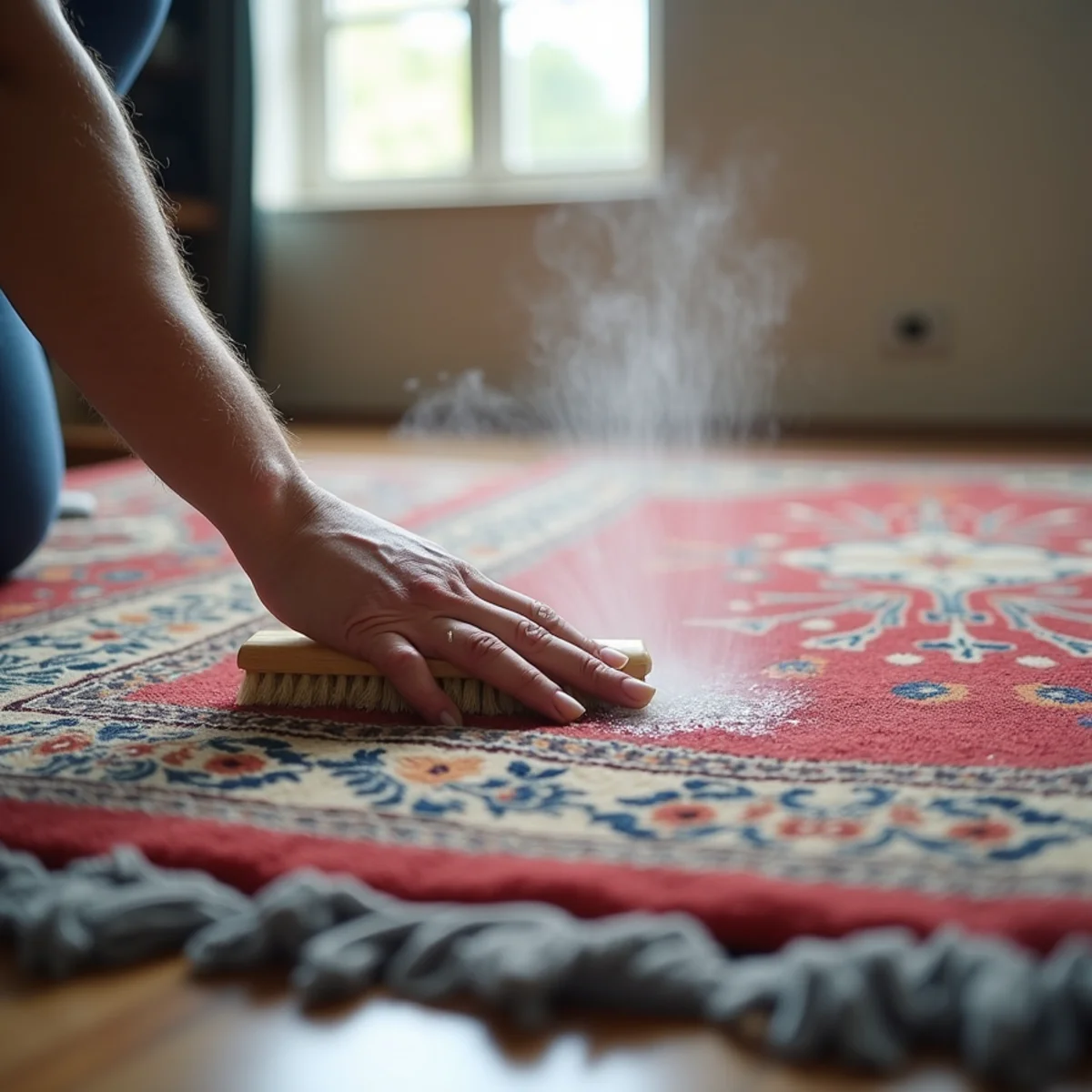 Patterned wool oriental area rug being gently cleaned with refreshed colors, Stockton rug cleaning