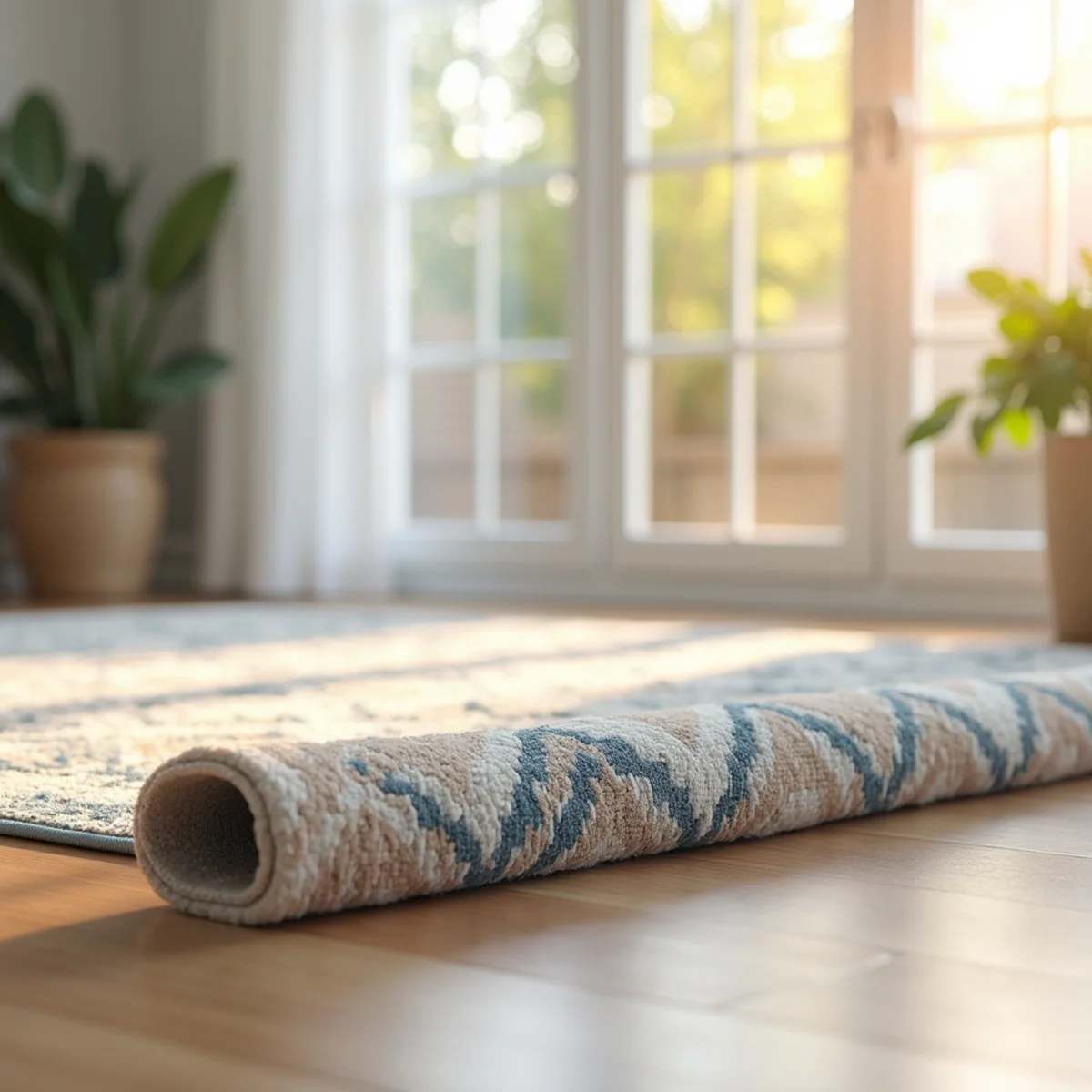 Clean decorative area rug on light hardwood in a bright room after rug cleaning in Stockton