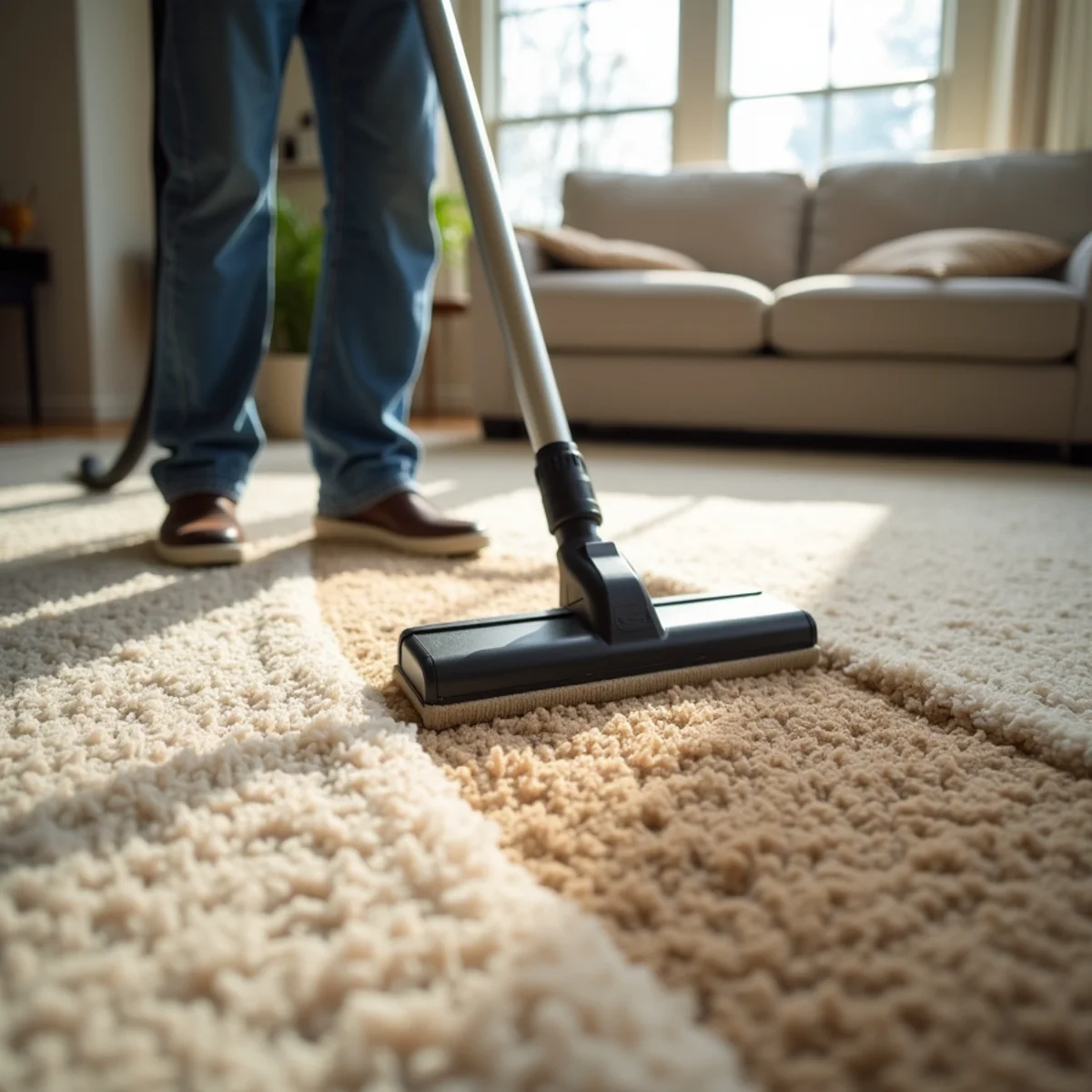 Technician using hot-water-extraction wand on plush carpet in a Stockton home, clean path emerging