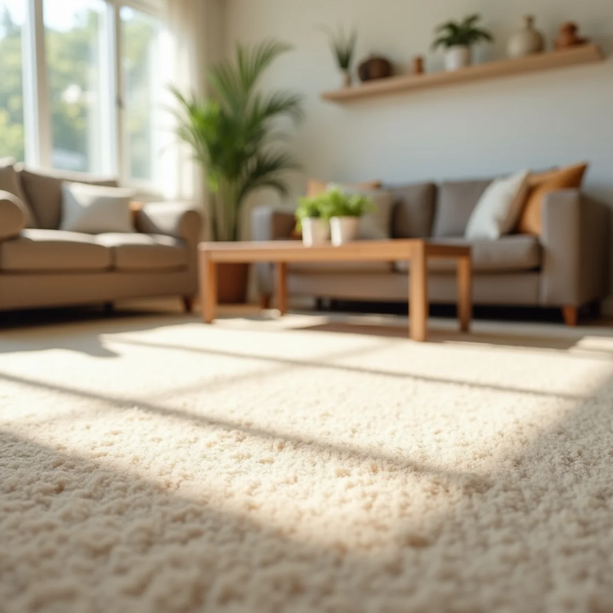 Bright living room with freshly cleaned carpet after professional cleaning in Stockton