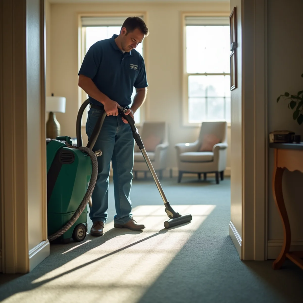 Technician cleaning low-pile commercial carpet in a small office lobby after hours, Stockton